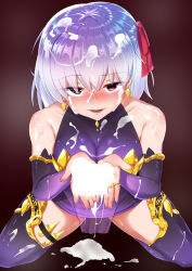 Rule 34 | 1girl, bare shoulders, blush, breasts, commentary request, cum, cum on body, cum on clothes, cum on hair, cum on hands, cum on lower body, cum on upper body, cupping hands, detached sleeves, dress, earrings, facial, fate/grand order, fate (series), from above, hair between eyes, hair ribbon, highres, jewelry, kama (fate), kama (first ascension) (fate), kawaruhi, large breasts, long hair, looking at viewer, open mouth, own hands together, purple dress, red eyes, red ribbon, ribbon, ring, see-through, silver hair, sleeveless, sleeveless dress, solo, thighhighs
