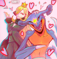 1girl :3 blonde_hair creatures_(company) crown cynthia_(pokemon) fangs gabyt game_freak garchomp gen_4_pokemon hair_over_one_eye hand_on_another&#039;s_head headpat heart long_hair looking_at_viewer mini_crown nintendo pokemon pokemon_(creature) pokemon_dppt standing very_long_hair