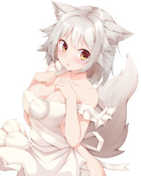 Rule 34 | 1girl, :o, animal ears, apron, blush, breasts, cleavage, commentary request, grey hair, inubashiri momiji, large breasts, looking at viewer, naked apron, rururiaru, short hair, simple background, solo, tail, touhou, white apron, white background, wolf ears, wolf tail, yellow eyes