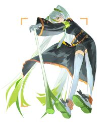 Rule 34 | 1girl, armband, black coat, coat, creatures (company), fighting miku (project voltage), full body, game freak, gloves, gradient hair, green armband, green hair, grey hair, hair between eyes, hatsune miku, highres, holding, long hair, long sleeves, looking at viewer, multicolored hair, necktie, nintendo, orange hair, pokemon, project voltage, safety pin, shoes, short shorts, shorts, simple background, solo, spring onion, streaked hair, thighhighs, twintails, very long hair, vocaloid, wangan, white background, white gloves, white hair, white necktie, white thighhighs