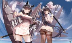 Rule 34 | 1girl, 2girls, absurdres, atago (azur lane), azur lane, black hair, black thighhighs, bow, breasts, brown eyes, brown pantyhose, buttons, cowboy shot, double-breasted, fang ind, gloves, hair flaps, hand on hilt, highres, holding, holding sword, holding weapon, large breasts, long hair, looking at viewer, microskirt, military uniform, multiple girls, panties, pantyhose, pleated skirt, ribbon, rigging, sheath, sheathed, skirt, sword, takao (azur lane), thighband pantyhose, thighhighs, underwear, uniform, very long hair, weapon, white bow, white gloves, white panties, white ribbon, white skirt, zettai ryouiki