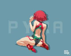 Rule 34 | 1girl, animated, artist logo, ass, back, back cutout, bare shoulders, black hair, character name, clothing cutout, competition swimsuit, from behind, glowing, high heels, kneeling, neon trim, one-piece swimsuit, pixel art, pyra (pro swimmer) (xenoblade), pyra (xenoblade), red footwear, red hair, shirosu, skin tight, solo, swimsuit, video, xenoblade chronicles (series), xenoblade chronicles 2