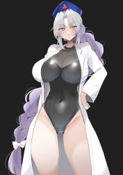 Rule 34 | 1girl, black background, black one-piece swimsuit, blue hat, braid, braided ponytail, breasts, brown eyes, cameltoe, cleavage, cleft of venus, closed mouth, coat, covered navel, cross, grey hair, groin, hand on own hip, hat, highres, lab coat, large breasts, long28, long hair, looking at viewer, nurse cap, one-piece swimsuit, open clothes, open coat, red cross, simple background, single braid, solo, swimsuit, touhou, trigram, very long hair, white coat, yagokoro eirin