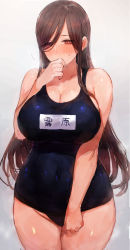 Rule 34 | 1girl, bare shoulders, blue one-piece swimsuit, blush, breasts, brown eyes, brown hair, c.cu, character name, cleavage, commentary request, covered navel, covering own mouth, cowboy shot, embarrassed, eyes visible through hair, fingernails, gradient background, grey background, hair between eyes, half-closed eyes, hand on own thigh, hand over own mouth, heavy breathing, highres, large breasts, legs together, long fingernails, long hair, looking at viewer, mature female, name tag, one-piece swimsuit, original, parted bangs, school swimsuit, sideboob, simple background, solo, standing, swept bangs, swimsuit, thick thighs, thighs, tsuyuhara miu, wide hips