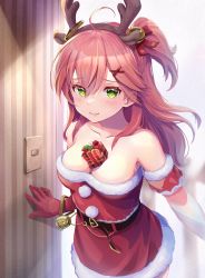 Rule 34 | 1girl, 35p (sakura miko), ahoge, armband, bare shoulders, bell, belt, belt buckle, blush, box, breasts, buckle, christmas, cleavage, closed mouth, collarbone, gift, gift between breasts, gift box, gloves, green eyes, hair bell, hair between eyes, hair ornament, hairclip, highres, hololive, light switch, long hair, looking at viewer, medium breasts, official alternate costume, pink hair, red gloves, reindeer hair ornament, sakura miko, santa costume, smile, solo, striped wall, tmo-cat, virtual youtuber, wall, x hair ornament