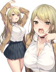 Rule 34 | 1girl, arms up, black choker, black eyes, black nails, black skirt, blonde hair, breasts, brown coat, choker, cleavage, coat, collarbone, collared shirt, commentary request, fangs, highres, icomochi, large breasts, long hair, long sleeves, looking at viewer, miniskirt, mole, mole on thigh, mole under eye, mouth pull, multiple views, nail polish, open clothes, open coat, open mouth, original, pleated skirt, shirt, shirt tucked in, simple background, skirt, smile, white background, white shirt