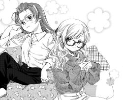 Rule 34 | 2girls, alternate costume, alternate hairstyle, bangs pinned back, bean bag chair, bespectacled, blush stickers, buttons, casual, clenched teeth, closed mouth, collared shirt, commentary request, denim, fingernails, flower, forehead, glasses, glasses day, greyscale, hair flowing over, hair ornament, hand in own hair, high-waist pants, interlocked fingers, jeans, long hair, long sleeves, looking at viewer, mahou shoujo madoka magica, mahou shoujo madoka magica (anime), monochrome, multiple girls, no+bi=, on chair, own hands together, pants, pillow, plaid, sakura kyoko, shirt, shoes, simple background, sitting, sleeves past wrists, smile, sweater, teeth, tomoe mami, turtleneck, turtleneck sweater, wavy hair, white background