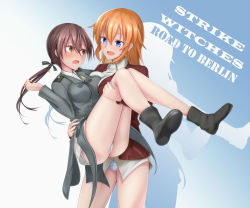 Rule 34 | 2girls, blue background, blue eyes, blush, boots, breasts, brown hair, carrying, charlotte e. yeager, commentary, copyright name, embarrassed, eye contact, gertrud barkhorn, gradient background, hair ribbon, highres, jacket, large breasts, long hair, looking at another, low twintails, medium breasts, multiple girls, no pants, open mouth, orange hair, panties, princess carry, ribbon, simple background, strike witches, tooto (ryuto333), twintails, underwear, white background, world witches series, yellow eyes, yuri