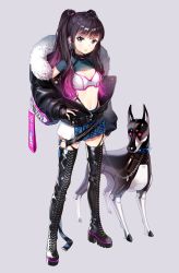 Rule 34 | 1girl, ancotaku, astro and girls, black footwear, black hair, black panties, blue eyes, boots, breasts, chain, cleavage, cross-laced footwear, dog, full body, fur trim, gradient hair, grey background, hair ornament, high heel boots, high heels, highleg, highleg panties, lace-up boots, long hair, looking at viewer, midriff, miniskirt, multicolored hair, navel, panties, parted lips, platform footwear, pleated skirt, purple hair, simple background, skirt, small breasts, solo, standing, stomach, thigh boots, thighhighs, twintails, two-tone hair, underwear