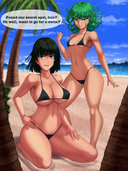 Rule 34 | 2girls, ankle strap, armpits, arms up, artist name, ass, bare legs, bare shoulders, barefoot, beach, bikini, black bikini, black hair, blue sky, breasts, cleavage, collarbone, covered navel, curly hair, curvy, english text, feet, fubuki (one-punch man), full body, green eyes, green hair, highleg, highleg bikini, highres, huge ass, kneeling, large breasts, lips, looking at another, looking at viewer, matching hair/eyes, micro bikini, multiple girls, one-punch man, rocky-ace, short hair, siblings, sisters, sky, small breasts, standing, swimsuit, tatsumaki, thighs, thong bikini, toes, water, wide hips