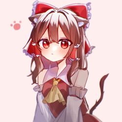 Rule 34 | 1girl, animal ear fluff, ascot, bow, brown hair, collared shirt, detached sleeves, frilled bow, frilled hair tubes, frills, hair bow, hair tubes, hakurei reimu, highres, kemonomimi mode, long hair, looking at viewer, mizz, paw print, paw print background, pink background, red bow, red eyes, red shirt, red vest, shirt, sidelocks, sleeveless, sleeveless shirt, tail, touhou, vest, white sleeves, wide sleeves, yellow ascot