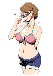 Rule 34 | 1girl, ;p, bikini, bikini top only, breasts, brown eyes, brown hair, cleavage, collarbone, commentary request, denim, denim shorts, front-tie bikini top, front-tie top, heart, highres, large breasts, liangjushuang, navel, one eye closed, persona, persona 3, persona 3 reload, pink bikini, short hair, shorts, signature, solo, sunglasses, swimsuit, takeba yukari, tongue, tongue out, white background