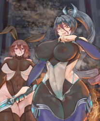 Rule 34 | 2girls, action taimanin, bare shoulders, blue hair, breasts, brown hair, covered navel, curvy, fingernails, hair ribbon, high ponytail, highleg, highleg leotard, highres, holding, holding weapon, huge breasts, leotard, licking lips, looking at viewer, mizuki shiranui, multiple girls, ponytail, revealing clothes, ribbon, shiny clothes, shiny skin, smile, taimanin (series), taimanin rpgx, taimanin suit, thong leotard, tongue, tongue out, uehara rin, voimakerz, weapon