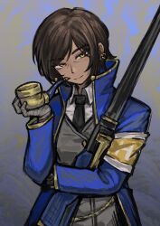 Rule 34 | 1girl, aiguillette, armband, bandaged hand, bandages, black necktie, blue coat, brown eyes, brown hair, coat, collared shirt, dark-skinned female, dark skin, e.g.o (project moon), earrings, grey vest, gun, high collar, highres, holding, holding smoking pipe, jewelry, limbus company, lobotomy corporation, looking at viewer, necktie, open clothes, open coat, outis (project moon), project moon, rifle, shan23852196, shirt, smoking pipe, solo, vest, weapon, white shirt, yellow armband