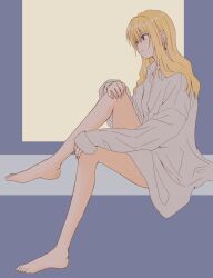 Rule 34 | 1other, androgynous, barefoot, blonde hair, brown eyes, crystal earrings, earrings, full body, highres, hunter x hunter, jewelry, kurapika, leg up, long hair, long sleeves, mtmgmaru, multicolored background, shirt, sitting, sleeves past wrists, solo, white shirt