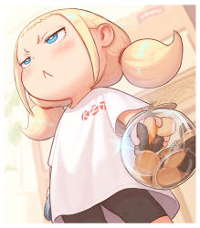 Rule 34 | 1girl, :&lt;, between fingers, bike shorts, blonde hair, blue eyes, child, commentary request, cookie, cookie jar, food, holding, kozato (yu kozato), low twintails, original, shirt, short twintails, solo, stuck, t-shirt, twintails