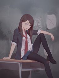 Rule 34 | 1girl, absurdres, black jacket, black pantyhose, blazer, blue eyes, blue skirt, brown hair, cigarette, collared shirt, commentary request, desk, eraser, highres, holding, jacket, knee up, loafers, long hair, looking at viewer, miniskirt, mouth hold, necktie, no pupils, on table, open clothes, open jacket, original, pantyhose, red lips, red necktie, school desk, school uniform, shirt, shoes, short sleeves, sitting, skirt, smile, solo, swept bangs, table, wall, white shirt, wing collar, xini m