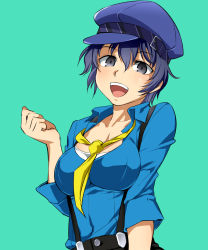Rule 34 | 1girl, :d, aqua background, blue hair, blue hat, blue shirt, breasts, cabbie hat, female focus, funnyari, hat, highres, large breasts, looking at viewer, necktie, open mouth, persona, persona 4, shirogane naoto, shirt, short hair, smile, solo, suspenders, teeth, upper teeth only, yellow necktie