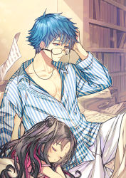 Rule 34 | 1boy, 1girl, age difference, arm up, blue eyes, blue hair, book, bookshelf, brown hair, closed eyes, closed mouth, collarbone, commentary request, eyelashes, eyewear strap, facial mark, fate/grand order, fate (series), forehead mark, glasses, hans christian andersen (adult) (fate), hans christian andersen (fate), indoors, kamui natsuki, long sleeves, paper, parted bangs, sessyoin kiara, sessyoin kiara (lily), shirt, shorts, sitting, striped clothes, striped shirt, vertical-striped clothes, vertical-striped shirt, white shorts