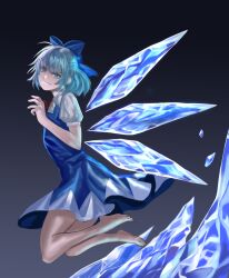 Rule 34 | 1girl, absurdres, barefoot, black background, blue bow, blue dress, blue eyes, blue hair, bow, bowtie, cirno, closed mouth, collared shirt, commentary request, dress, flying, gradient background, grey shirt, hair between eyes, hand up, highres, ice, ice wings, legs up, looking at viewer, pinafore dress, puffy short sleeves, puffy sleeves, purple background, red bow, red bowtie, reki (user rcrd4534), shirt, short hair, short sleeves, sleeveless dress, smile, solo, teeth, touhou, v-shaped eyebrows, wings