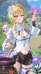 Rule 34 | 2girls, alternate costume, black shorts, blonde hair, blurry, blurry background, blush, breasts, cleavage, coat, commentary request, flower, genshin impact, hair between eyes, hair flower, hair ornament, halo, hand up, heart, highres, holding, holding spoon, long sleeves, looking at another, looking at object, lumine (genshin impact), mayuma (mayuma 0715), medium breasts, mountain, multiple girls, navel, nervous, open clothes, open coat, outdoors, paimon (genshin impact), potion, shirt, short hair with long locks, shorts, solo focus, spoon, stomach, thigh strap, thighs, tongue, tongue out, tree, white coat, white hair, white shirt, yellow eyes
