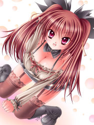 Rule 34 | 1girl, :d, black thighhighs, blush, boots, breasts, cleavage, dress, garter straps, hair ribbon, knee boots, kneeling, kogarashi, kogarashi (wind of winter), large breasts, long hair, open mouth, original, red eyes, red hair, ribbon, smile, solo, thighhighs, twintails