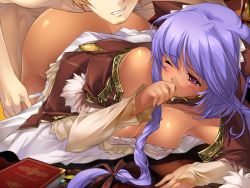 Rule 34 | 1boy, 1girl, armpits, bent over, bible (object), blush, bookmark, bow, braid, breasts, brown bow, brown dress, cleavage, clenched teeth, clothed female nude male, covered mouth, daiteikoku, dark skin, doggystyle, dress, eyebrows, facial hair, fingernails, fur, game cg, hair bow, hair ornament, hair over shoulder, hetero, indoors, lamp, long hair, medium breasts, min-naraken, nude, one eye closed, orange hair, out of frame, panties, panty pull, parupuna gekleurde, patterned, purple eyes, purple hair, sex, sex from behind, solo focus, standing, table, teeth, tougou tsuyoshi, underwear, vaginal, white panties