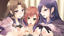 Rule 34 | 3girls, akahori mari, aomi mone, blue eyes, blush, bra, bra lift, breasts, brown hair, censored, character request, game cg, green eyes, large breasts, long hair, looking at viewer, love ecchi dessin, mole, multiple girls, nipples, open clothes, open mouth, penis, purple eyes, purple hair, shirabuchi mirei, smile, sweat, underwear