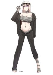 Rule 34 | 1girl, bandaged foot, bandaged hand, bandaged neck, bandages, bare shoulders, black jacket, black pants, blonde hair, breasts, character request, chest sarashi, cleavage, commentary request, copyright request, full body, grimbell, hand up, highres, jacket, large breasts, long hair, looking at viewer, midriff, navel, off shoulder, open clothes, open jacket, pants, purple eyes, sarashi, solo, standing, stomach, strapless, tube top