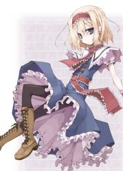 Rule 34 | 1girl, alice margatroid, black pantyhose, blonde hair, blue eyes, boots, capelet, cross-laced footwear, dress, dress shirt, female focus, hairband, lace-up boots, mochiki, pantyhose, sash, shirt, short hair, solo, touhou