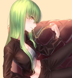 Rule 34 | absurdres, black jacket, black pants, breasts, c.c., cheese trail, code geass, eating, food, from side, green hair, hair between eyes, head tilt, highres, jacket, long hair, long sleeves, medium breasts, midriff, navel, open clothes, open jacket, pants, pizza, profile, shirt, skimun, solo, stomach, straight hair, very long hair, white shirt, yellow eyes