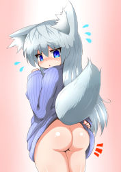 Rule 34 | 1girl, animal ears, ass, blue eyes, bottomless, clothes lift, female focus, from behind, grey hair, kikira (silenceblack), long hair, looking back, shirt lift, solo, sweater, tail, wolf ears, wolf tail