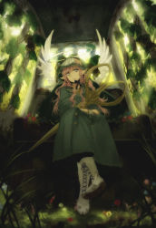 Rule 34 | 1girl, absurdres, angel wings, boots, braid, buttons, canarinu, cross-laced footwear, crossed arms, dress, elf, flower, grass, hair ribbon, halo, highres, leaf, crossed legs, open mouth, original, oversized object, pink hair, pointy ears, ribbon, scissors, grey eyes, sitting, solo, twin braids, veil, wings