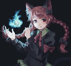 Rule 34 | 1girl, :3, animal ear fluff, animal ears, black bow, black dress, blue fire, blunt bangs, bow, braid, cat ears, cat tail, closed mouth, commentary, dress, fang, fire, hair bow, hands up, hitodama, juliet sleeves, kaenbyou rin, long sleeves, looking at viewer, mushiao, neckerchief, nekomata, puffy sleeves, red bow, red eyes, red hair, red neckerchief, sleeve cuffs, slit pupils, solo, tail, touhou, twin braids, upper body