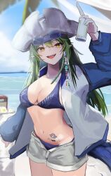 Rule 34 | 1girl, absurdres, arknights, arm up, beach, bikini, blue-tinted eyewear, blue bikini, blue jacket, blue sky, breasts, can, cleavage, cloud, commentary, crocodilian tail, eyewear on head, gavial (arknights), gavial the invincible (arknights), gavial the invincible (holiday) (arknights), green hair, grey shorts, hat, highres, holding, holding can, jacket, long hair, looking at viewer, material growth, medium breasts, multicolored clothes, multicolored jacket, nekomatamago, ocean, official alternate costume, open mouth, oripathy lesion (arknights), pirate hat, pointy ears, shorts, sky, smile, solo, stomach tattoo, swimsuit, tail, tattoo, tinted eyewear, two-tone jacket, white hat, white jacket, yellow eyes