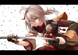 Rule 34 | 1boy, asymmetrical sleeves, black gloves, black kimono, brown pants, commentary request, creek (moon-sky), fingerless gloves, genshin impact, gloves, grey hair, hair between eyes, holding, holding sheath, japanese clothes, kaedehara kazuha, katana, kimono, letterboxed, long sleeves, male focus, multicolored hair, pants, parted lips, ponytail, red eyes, red hair, sheath, sheathing, short sleeves, solo, streaked hair, sword, uneven sleeves, weapon, white background, white kimono, wide sleeves