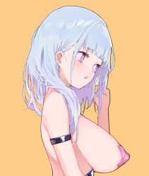Rule 34 | 1girl, :o, arm strap, azur lane, bandaid, bandaids on nipples, blue hair, blunt bangs, blush, breasts, dido (azur lane), embarrassed, from side, hand up, large breasts, long hair, looking away, open mouth, orange background, pasties, playing with own hair, prpr friends, purple eyes, simple background, solo, topless, upper body