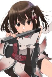 Rule 34 | 10s, 1girl, black gloves, black neckerchief, brown eyes, brown hair, buttons, closed mouth, commentary, elbow gloves, fingerless gloves, frills, gloves, hair between eyes, hair ornament, holding, holding torpedo, kantai collection, long hair, looking at viewer, machinery, neckerchief, pleated skirt, rigging, rinto (rint rnt), scarf, school uniform, sendai (kancolle), sendai kai ni (kancolle), serafuku, simple background, skirt, sleeveless, smile, solo, torpedo, turret, two-tone background, weapon, white background, white scarf