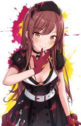 Rule 34 | 1girl, alisia0812, belt, black bra, black choker, black dress, black headwear, blush, bra, breasts, brown eyes, brown hair, choker, cleavage, closed mouth, commentary request, cowboy shot, dress, gloves, hair ornament, hairclip, hand up, highres, idolmaster, idolmaster shiny colors, long hair, looking at viewer, medium breasts, osaki amana, red gloves, short sleeves, sidelocks, smile, solo, underwear, wing collar