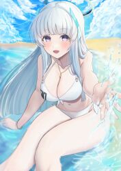 Rule 34 | 1girl, alternate costume, arm support, bare legs, beach, bikini, blue archive, blush, breasts, cafenami, cleavage, collarbone, feet out of frame, grey hair, halo, highres, looking at viewer, medium breasts, navel, noa (blue archive), outdoors, purple eyes, sitting, smile, solo, splashing, string bikini, swimsuit, white bikini