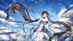 Rule 34 | 1girl, absurdres, bare shoulders, blue sky, blurry, blurry foreground, breasts, brown eyes, brown hair, china dress, chinese clothes, closed mouth, cloud, cloudy sky, dress, elbow gloves, fingerless gloves, gloves, hair ornament, highres, honkai (series), honkai impact 3rd, jian (weapon), large breasts, li sushang, li sushang (jade knight), long hair, looking at viewer, medium breasts, outdoors, second-party source, sky, sleeveless, sleeveless dress, smile, solo, sword, twintails, weapon, white dress, white gloves, ye hua bai liu