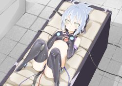 Rule 34 | 1girl, android, boots, bright pupils, female focus, high heels, highres, lying, midriff, niwaka potato, on back, original, silver hair, solo, thigh boots, thighhighs, white pupils, wire, yellow eyes