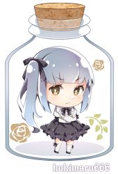 Rule 34 | 1girl, adapted costume, black ribbon, bottle, brown eyes, closed mouth, cork, corked bottle, crossed arms, grey hair, hair ribbon, in bottle, in container, kantai collection, kasumi (kancolle), kasumi kai ni (kancolle), kneehighs, kukimaru, long hair, long sleeves, ribbon, side ponytail, simple background, socks, solo, standing, twitter username, white background, white socks
