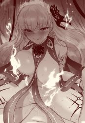 Rule 34 | 1boy, 1girl, :q, amazon position, ankle grab, assertive female, bare shoulders, blush, body markings, breasts, cowgirl position, earrings, fate/grand order, fate (series), fire, flower, girl on top, greyscale, hair flower, hair ornament, hetero, highres, holding legs, jewelry, kama (fate), kama (swimsuit avenger) (fate), kama (swimsuit avenger) (third ascension) (fate), large breasts, licking lips, long hair, lotus, m-da s-tarou, monochrome, navel, revealing clothes, revision, sex, smile, spread legs, star (symbol), star earrings, straddling, sweat, thighs, tongue, tongue out, vaginal