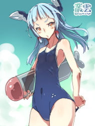 Rule 34 | 10s, 1girl, adjusting clothes, adjusting swimsuit, blue one-piece swimsuit, character name, cloud, competition school swimsuit, day, hair ribbon, headgear, highres, inflatable torpedo, inflatable toy, kantai collection, long hair, looking at viewer, murakumo (kancolle), one-piece swimsuit, orange eyes, ribbon, robot ears, school swimsuit, silver hair, sky, solo, standing, super zombie, swimsuit, tight clothes, torpedo, twitter username