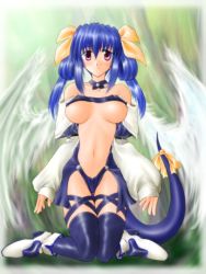 Rule 34 | 1girl, arc system works, asymmetrical wings, blue hair, bow, dizzy (guilty gear), guilty gear, red eyes, ribbon, solo, tail, tail bow, tail ornament, tail ribbon, thighhighs, wings