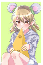 Rule 34 | + +, 1girl, animal ears, blush, brown eyes, cheese, commentary request, drill hair, earrings, eating, feet out of frame, food, fur-trimmed shorts, fur trim, green background, grey jacket, grey shorts, hair between eyes, highres, idolmaster, idolmaster cinderella girls, jacket, jewelry, legs together, light brown hair, long sleeves, looking at viewer, mitsuki (ayanop1111), morikubo nono, mouse ears, shorts, simple background, sitting, solo, stud earrings, swiss cheese