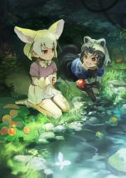 Rule 34 | 10s, 2girls, animal ears, apple, banana, bayashiko, blonde hair, bow, bowtie, commentary, common raccoon (kemono friends), dripping, elbow gloves, fang, fennec (kemono friends), food, fox ears, fox tail, fruit, fur collar, fur trim, gloves, grey hair, highres, kemono friends, kneeling, multicolored hair, multiple girls, open mouth, pantyhose, pleated skirt, puffy short sleeves, puffy sleeves, raccoon ears, raccoon tail, rag, short hair, short sleeves, skirt, sweatdrop, tail, thighhighs, washing, water, wet, zettai ryouiki