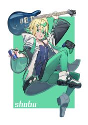 Rule 34 | 1girl, absurdres, blonde hair, blue dress, breasts, can, controller, dress, energy drink, full body, game controller, green eyes, green hair, green nails, green pantyhose, hair ornament, hairclip, highres, holding, holding can, holding instrument, holding stylus, instrument, jacket, long sleeves, looking at viewer, nail polish, open clothes, open jacket, open mouth, original, pantyhose, sho bu 1116, shoes, short hair, simple background, small breasts, solo, stylus, teeth, upper teeth only