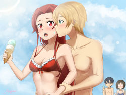 Rule 34 | 2boys, 2girls, aqua eyes, bikini, black hair, blank eyes, blonde hair, blush, closed mouth, cloud, collarbone, commission, couple, day, eugeo, food, frilled bikini, frills, hair intakes, halterneck, hand on another&#039;s hip, hetero, highres, holding, holding food, ice cream, kirito, lens flare, licking, licking another&#039;s cheek, licking another&#039;s face, long hair, multiple boys, multiple girls, mysteryctu, navel, open mouth, outdoors, pixiv commission, red bikini, red eyes, red hair, ronye arabel, short hair, signature, smile, straight hair, swimsuit, sword art online, tiese schtrinen, tongue, tongue out, twintails, upper body, very long hair
